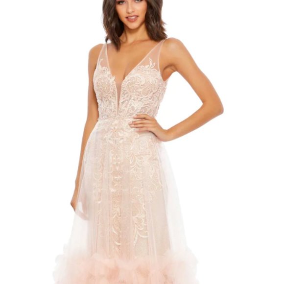MAC DUGGAL 11183 LACE RUFFLE TIERED SLEEVELESS PLUNGE NECK PEACH GOWN sz 8 - Picture 3 of 8